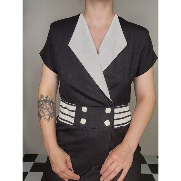 50s Vtg Kevin Stuart Petite Black White Mod Midi Business Collared Dress Sz Sm - Picture 5 of 10